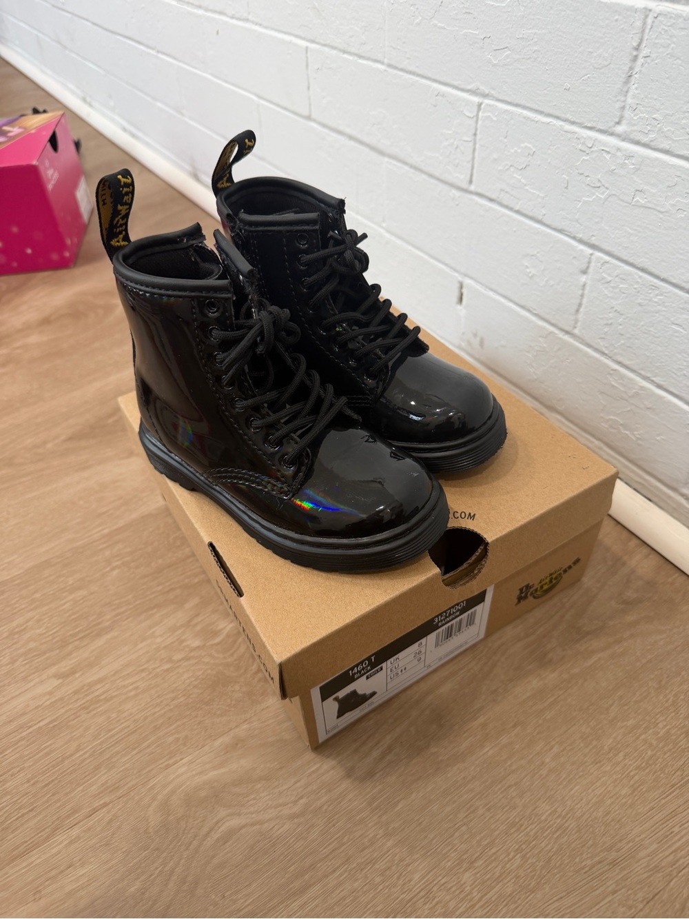Dr. Martens Kids Black Patent Lace-Up Boots with Iridescent Sheen